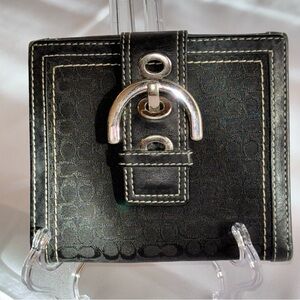 Vintage COACH Black Signature Canvas Leather Buckle Flap Compact Wallet